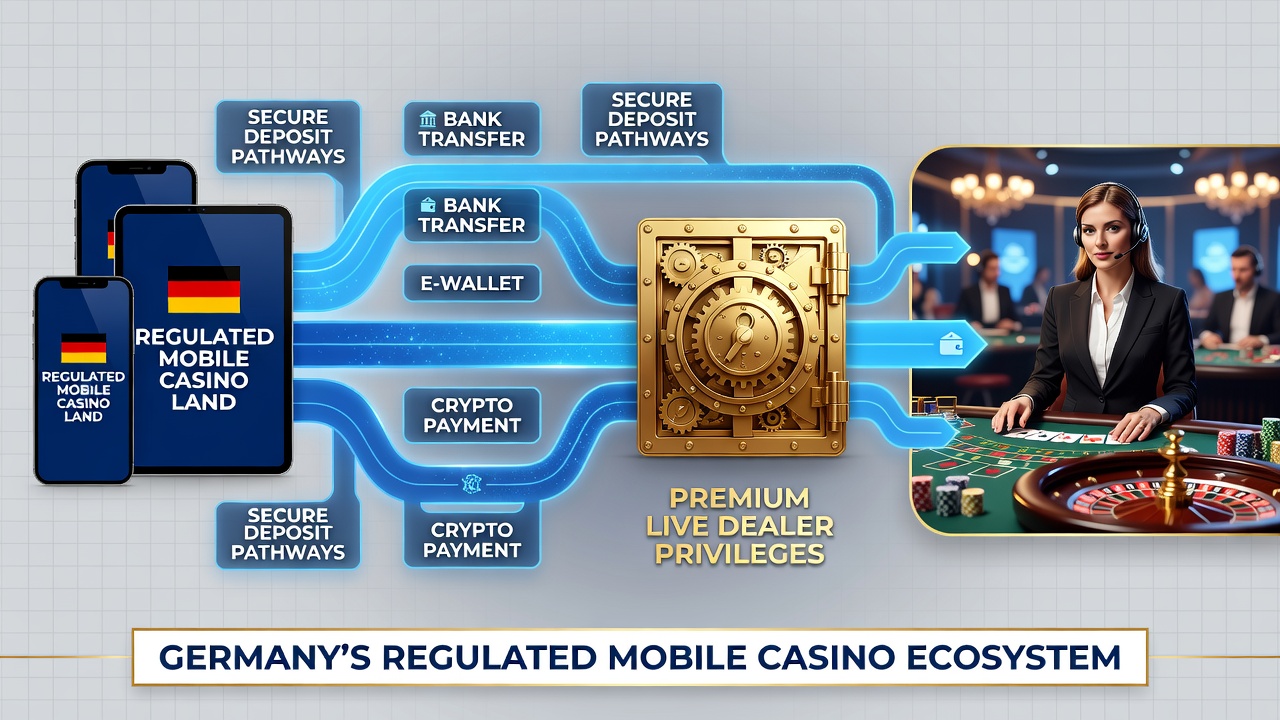 Mobile App-Oberfläche mit Einzahlungsoptionen und Live-Dealer-Privilegien