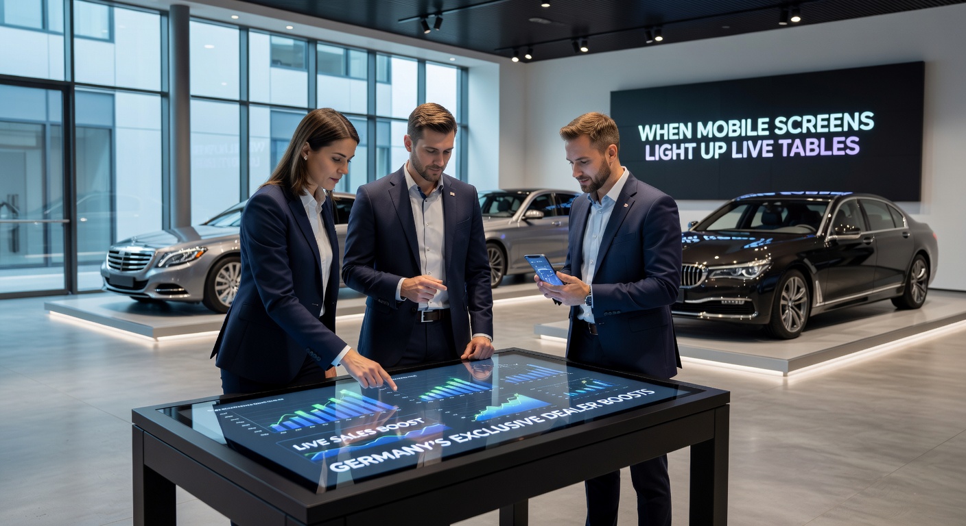 Deutscher Dealer an Live-Tisch mit mobilen Geräten ringsum, dynamisches Lichtspiel